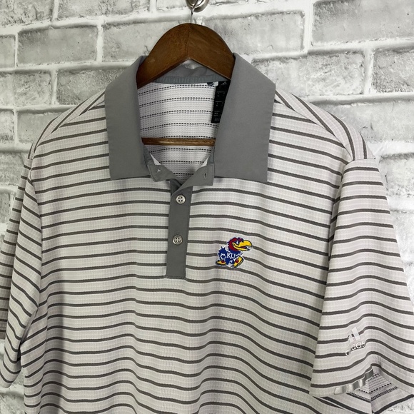 Kansas Jayhawks x Adidas Golf Gray Striped Performance Polo Shirt Men XL Stretch - Picture 1 of 8